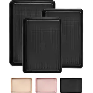 Non-Stick Set, 3-Piece Carbon Cookie Sheets with Oven Safe & Even Heating for Baking, Roasting, Cooking (Black)