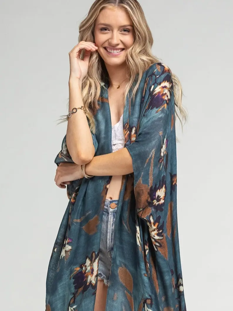 Women's Teal Floral Kimono Beach Cover Up Tie Dye Lightweight Versatile Wear for Various Occasions Casual Long Kimono Cardigan Best Friend Gift Birthday Gifts for Her