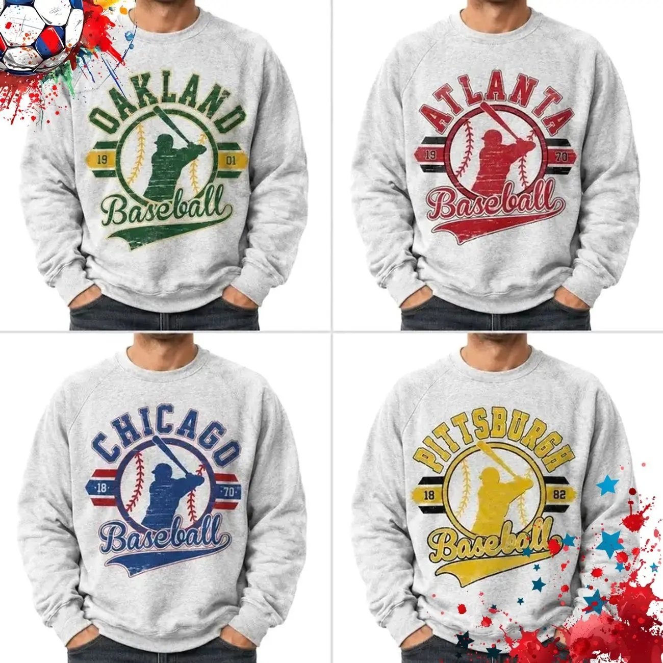 Vintage Baseball Sweatshirt – Ash Grey, Retro Established City Baseball Pullover, Sports Unisex Crewneck Sweatshirts, Sublimation Print Casual Graphic Top