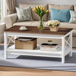 DWVO Coffee Table for Living Room,Modern Farmhouse Coffee Table with Storage,2-Tier Center Table for Living Room Wood Living Room Table Accent Cocktail with Sturdy Frame
