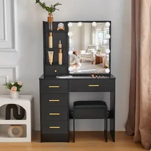 Vanity Desk with LED Lights Mirror and Drawers for Makeup, Modern Makeup Table Set with Stool for Bedroom, Black