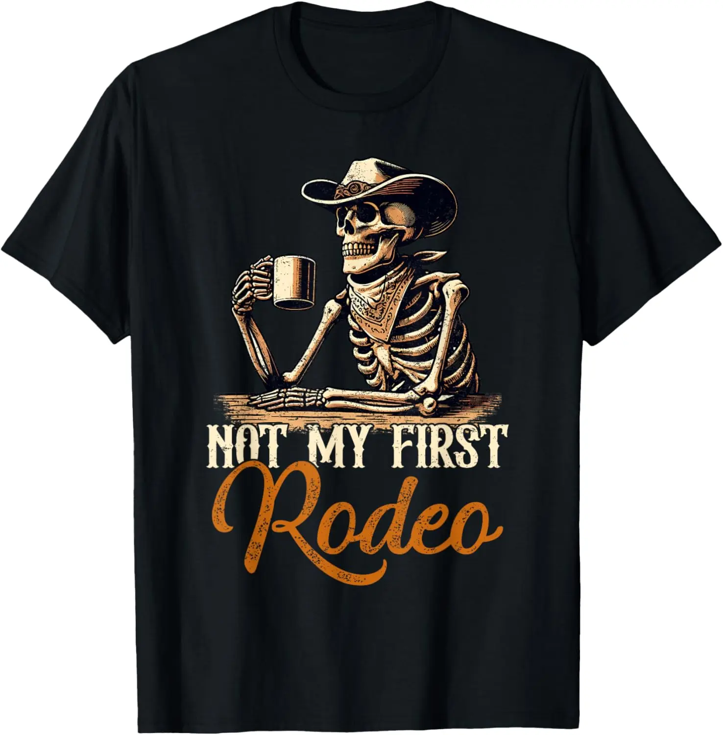 Women's 100% Cotton Round Neck Shortsleeve Tshirt - Lightweight, Breathable Casual Clothes with "Not My First Rodeo" Skull Skeleton Cowboy Western Texas Design