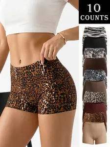 Women's Leopard Print Underwear Set, High-Waisted Casual Seamless Briefs, Breathable Anti-Show Thigh Shorts, Multiple Color Options