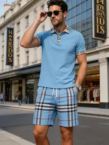 Men's Luxury Classic Collared Polo Set, Checked Plaid Collar Short Sleeve Top + Plaid Drawstring Shorts, High-End Casual Men's Fashion, All over Print, Loose-Fit, Menswear