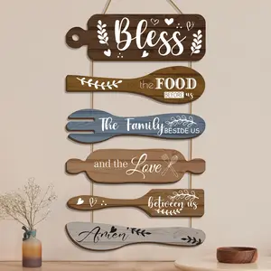 Wooden Kitchen Wall Decor Set, 6 Counts/set Bless The Food Before Us Letter Pattern Wall Hanging Sign, Wall Art for Dining Room, Rustic Kitchen Decor, Ornaments
