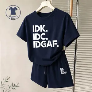Women's IDK IDC IDGAF Graphic Short Sleeve T-Shirt And Shorts Set, Casual Summer Two-Piece Outfit With Crew Neck Top And Drawstring Waist Shorts For Daily Wear