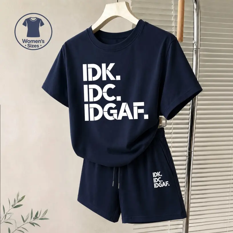 Women's IDK IDC IDGAF Graphic Short Sleeve T-Shirt And Shorts Set, Casual Summer Two-Piece Outfit With Crew Neck Top And Drawstring Waist Shorts For Daily Wear