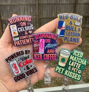 Glitter Badge Reel Nurse Teacher Acrylic Badge Holder, Running on Celsius Alani Nu Diet Coke Red Bull Badge, Iced Matcha Latte Pet Kisses