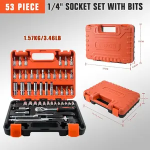 53 Pieces Socket Wrench Set - 1/4 Inch Drive Ratcheting Wrench Kit with Plastic Toolbox Storage Case, Professional Grade Chrome Vanadium Steel for Automotive Repair and Home Use