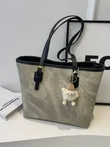 Bag Women's PU Leather Tote with Contrast Strap, Purses for Women, Tote Shape Design, Cute Keychain Accessory, Plushies Accent