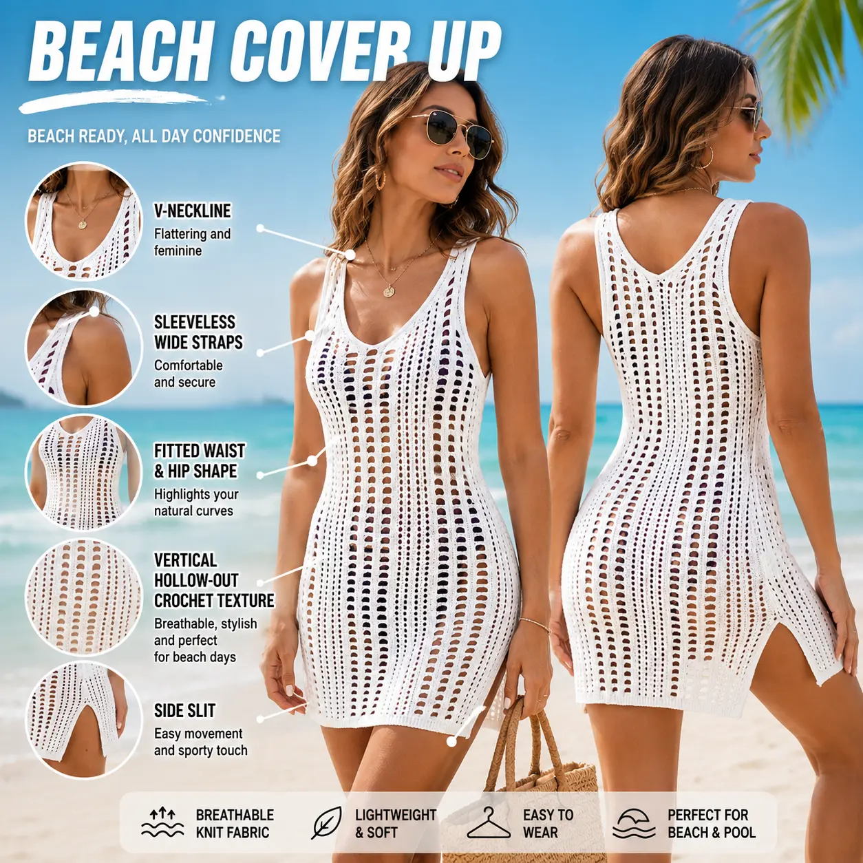Women's Crochet V-Neckline Beach Cover-Up Dress, Sleeveless Hollow-Out White Knit Mini Beachwear Swim Cover-Up, Bikini Cover Up, Cute Cover Ups