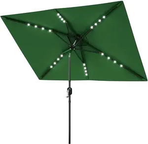Dark Green 10' x 6.5' Solar Rectangular Patio Umbrella,Outdoor Table Umbrella with Crank and Push Button Tilt, Market Umbrella with 6 Sturdy Ribs Tilt for Garden, Deck, Lawn, Pool