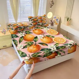 3Pcs Refreshing Vital Orange Print Fitted Sheet, Soft Microfiber, Fade Resistant, Machine Washable, Suitable for Minimalists' Daily Bedroom Scenarios