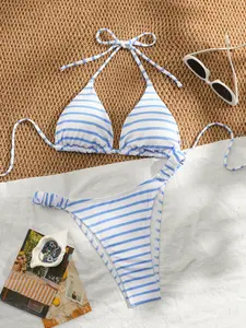 Blue Striped Bikini Swimsuit Set, Fashionable Sexy Swimwear, Perfect for Summer Beach Vacation, Casual Daily Wear and Pool Party