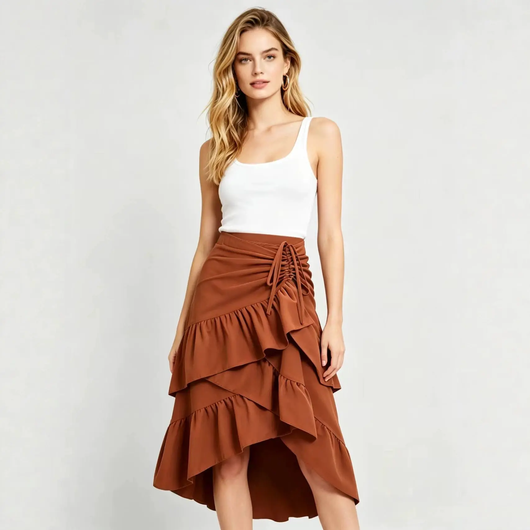 Women's Solid Polyester Woven Fabric Skirt - New Fashion, Asymmetrical Pleated Hem, Multi-layered Frill Design, Elegant Bottoms
