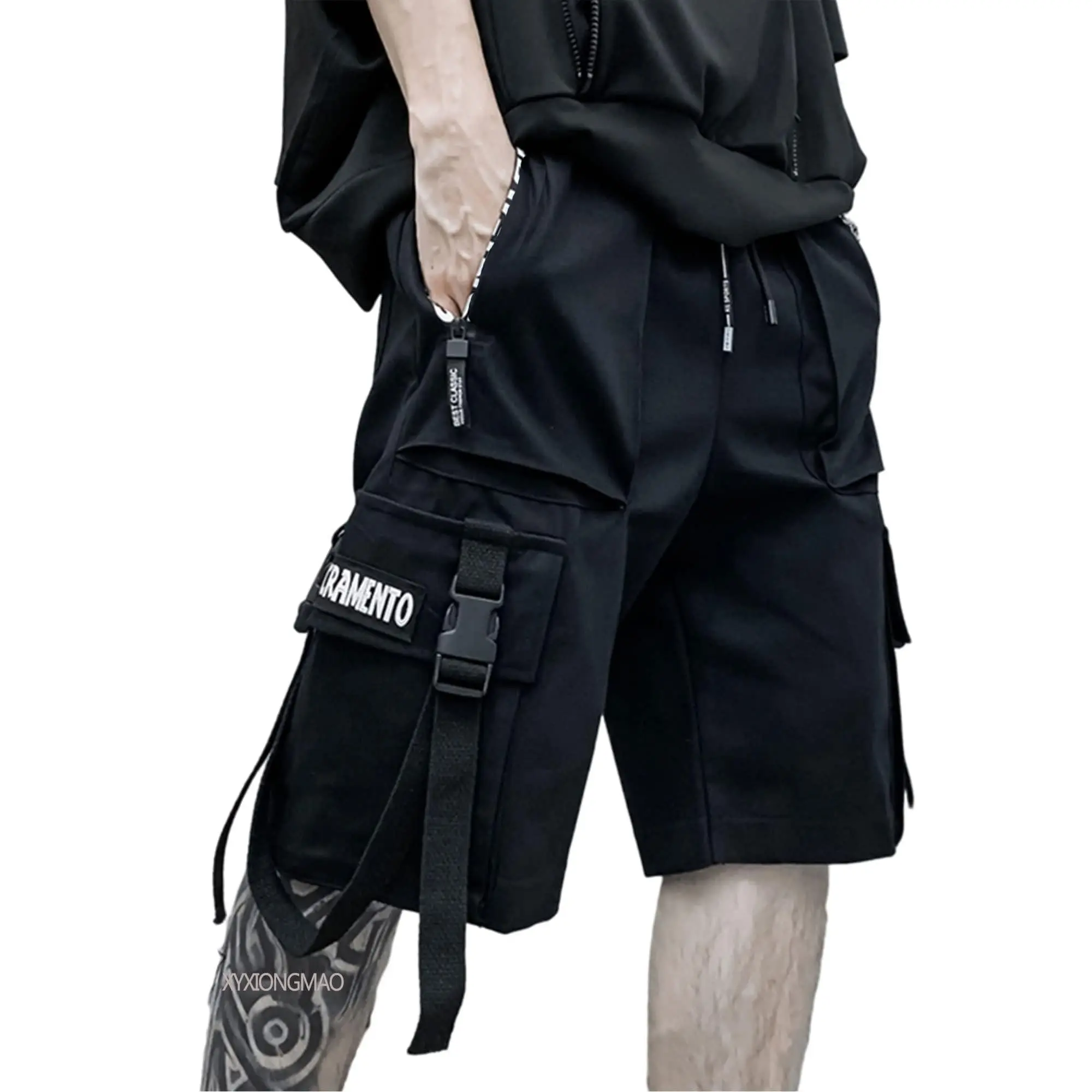 XYXIONGMAO Men's Polyester Techwear Cargo Shorts - Baggy Fashion Menswear with Multiple Pockets, Adjustable Straps, Elastic Fit for Outdoor, Casual, Gym Vibe Hip Hop Streetwear, Buckle, Relaxed Fit, Breathable, Letters, Cool All‑Day Wear
