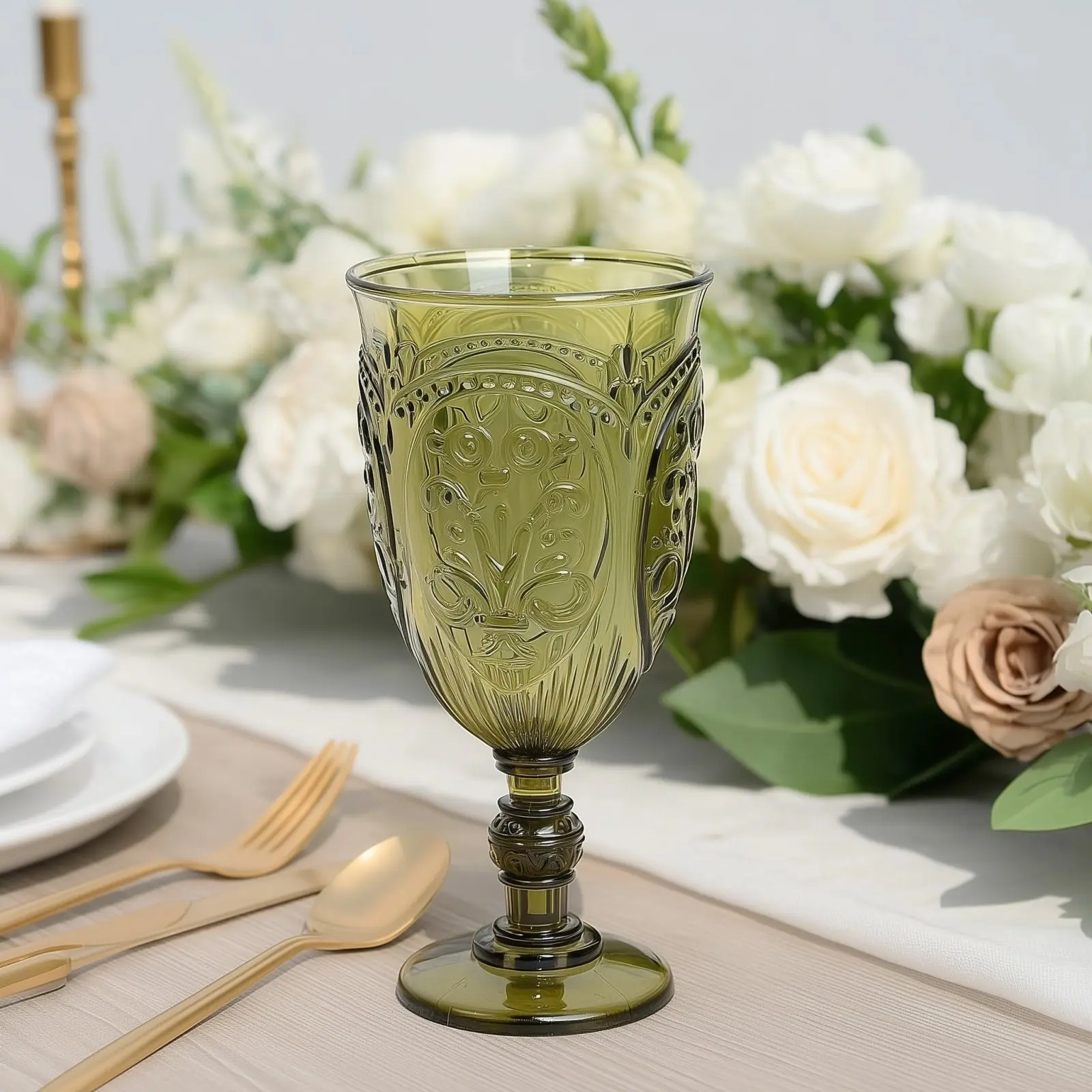 24-Pack Plastic Wine Glasses 10oz – Transparent Dusty Sage Green Vintage Goblets with Retro Embossed Design, Elegant Drinkware - 7" Tall