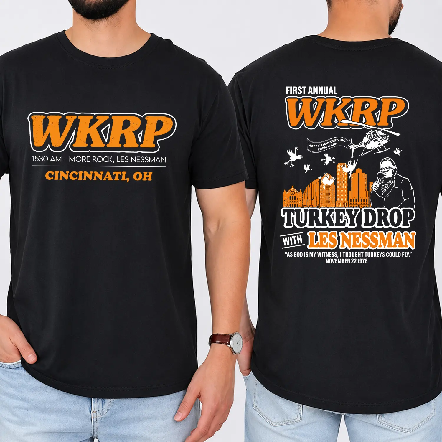 First Annual Wkrp Turkey Drop Two Sides T-shirt, Thanksgiving Wkrp Sweatshirt, Thanksgiving Day Hoodie, Unisex Short Sleeve Tee, Graphic Streetwear T-Shirt Tops Crewneck Casual