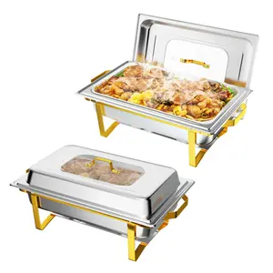 [ FLASH SALE ] ROVSUN 9 QT Gold Chafing Dish Buffet Set with Glass Lid & Full-Size Pans