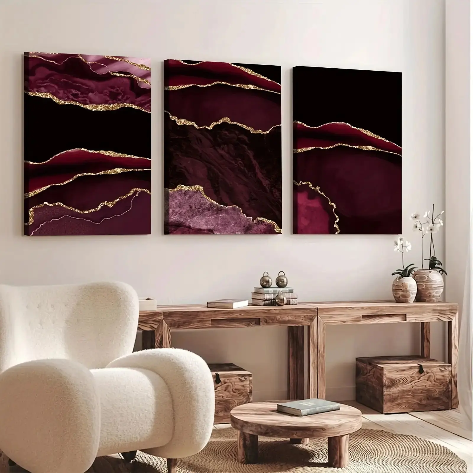 3-Piece Exquisite Wooden Frame Wrapped Prints, Burgundy Red & Gold Agate Texture, Minimalist Light Luxury Style, Decorative Modern Home Wall Decor, Modern Home Decor
