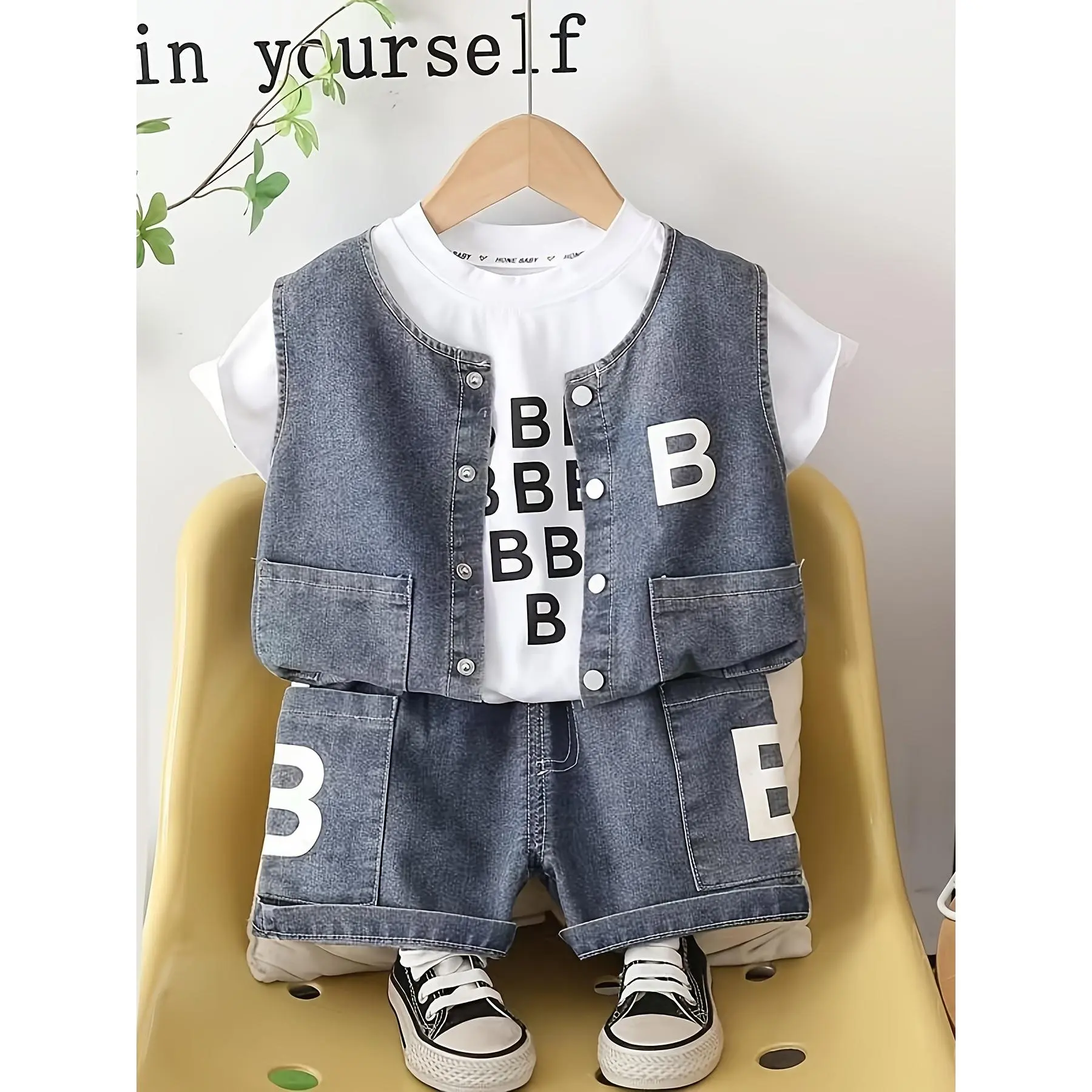 3pcs Boys' Outfit - B Letter Print Denim Vest, Short Sleeve T-Shirt & Shorts|   Spring Summer Western Matching Outfits for & Little Boys (Casual Playwear) 3pcs, Perfect for Outdoor