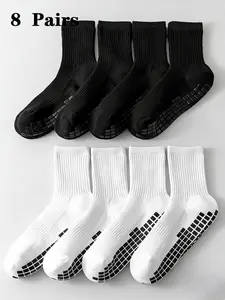 Men's Mid-Calf Sports Socks, Anti-Slip Glue Design, Sweat-Wicking Odor-Resistant Running Fitness Yoga Training Socks, 8 Pairs Pack