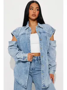 Women's Washed Light Blue Cutout Denim Jacket - Oversized Casual Mid-Length Coat For Spring & Fall