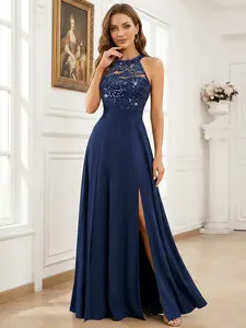 Miusol 55915A Women's Elegant Sleeveless Halter Neck Lace Sparkling Sequin Bridesmaid Maxi Dress for Lady, Party, Festival, Prom, Wedding Guest Events