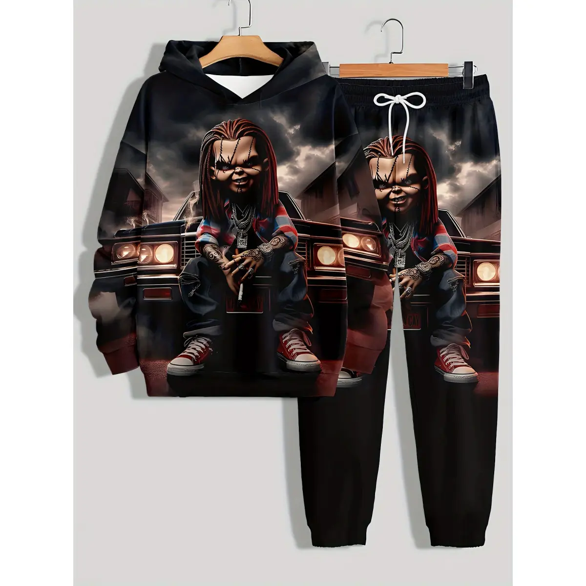 Men's 2-Piece Car-Themed Polyester Casual Sports Set - Knitted Fabric, Printed Design, Long-Sleeved Hooded Sweatshirt, Slightly Elastic Pants, Regular Style, Included Hat