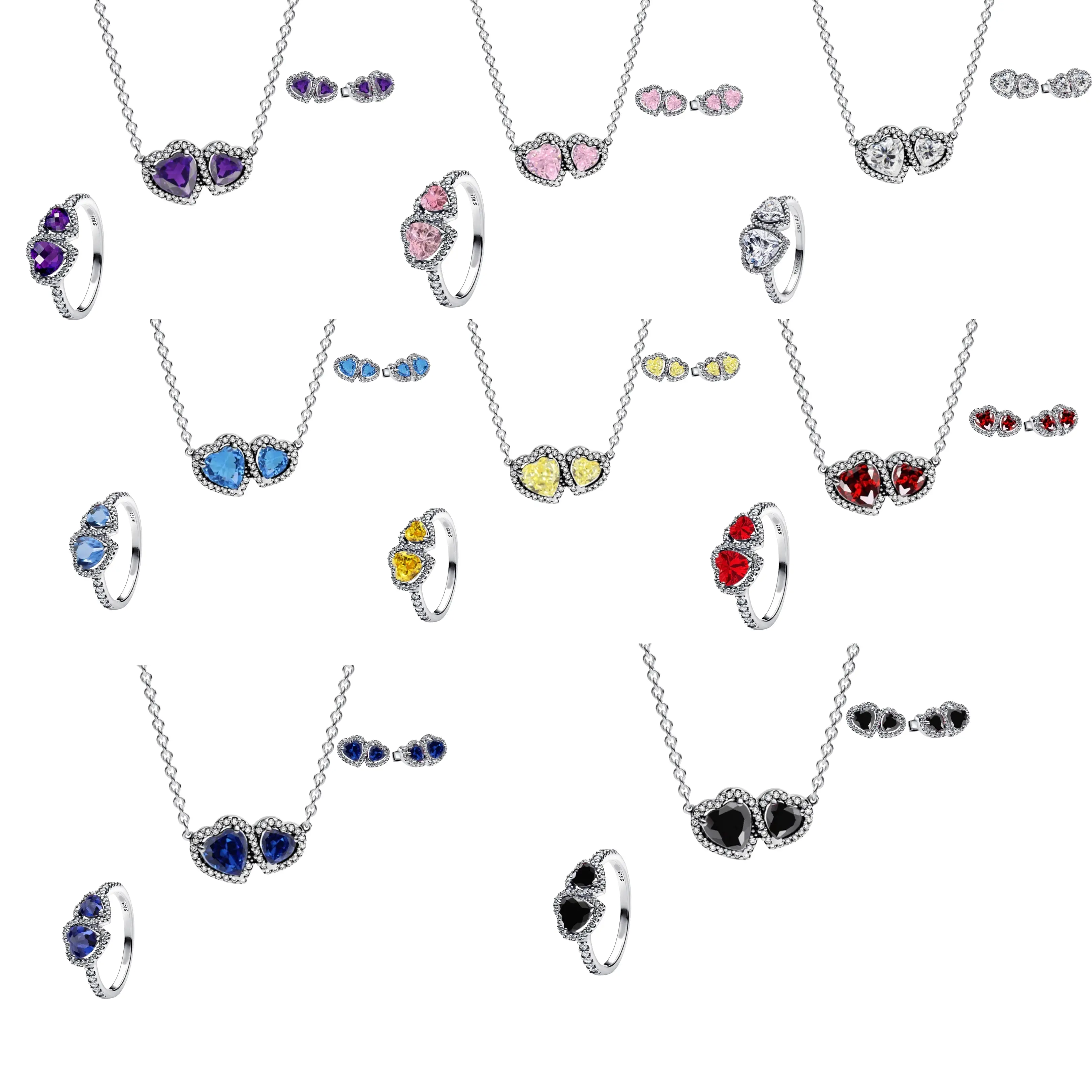 925 Sterling Silver Double Heart Jewelry Set – Necklace, Ring & Stud Earrings with Crystal Stones