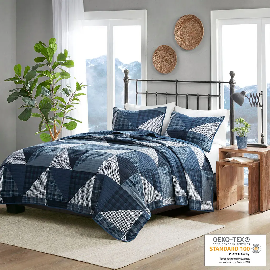 360 Stand Olsen Oversized Channel Quilt Set - 3-Piece Full & Queen Size, Cozy Lodge Farmhouse Look, Geometric Patchwork Print, Blue Cotton Bedding, 92x96x0.25in, WR13-3471