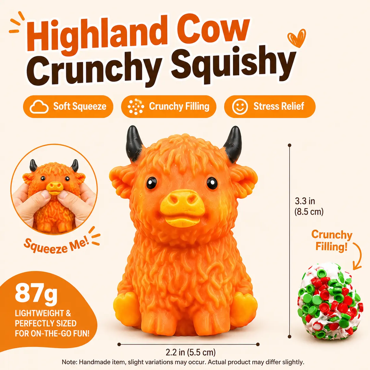 Highland Cow Crunchy Squishy Toy, Cute Cow Stress Relief Fidget Toy, Soft Squeeze Sensory Toy with Crunchy Filling, ASMR Desk Toy Gift for Teens & Adults