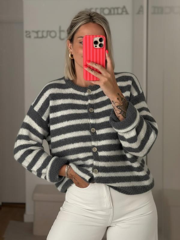 Women's Vintage Striped Cardigan Knitwear, Casual Daily Wear, Perfect for Dates & Shopping, Ideal for Spring/Autumn/Winter Seasons