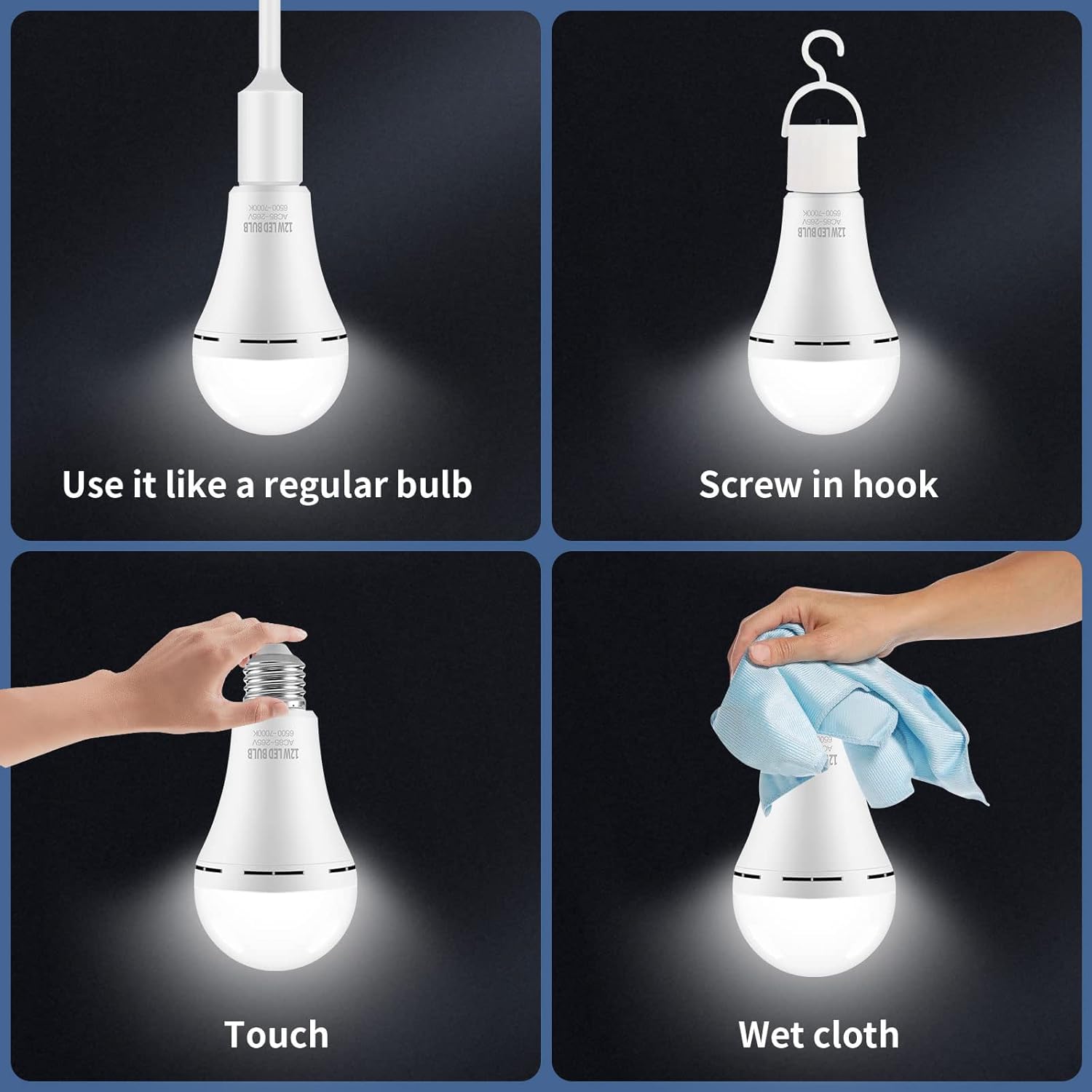 1/2/4 Pack E26/E27 Emergency-Rechargeable-Light-Bulb, Stay Lights Up When Power Failure, 12W 60W Equivalent LED Light Bulbs for Home, Camping, Tent (E27, with Hook) (Daylight)