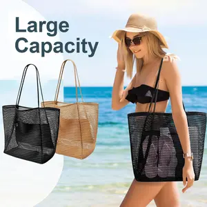 Foldable Large Capacity Beach Bag with Phone Pouch - Lightweight Mesh Gear Tote for Seaside, Sand, Vacation Travel Essentials Net Bag