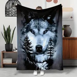 Vintage Wolf Print Flannel Throw Blanket - Hypoallergenic, Tear Resistant, All-Season Quilted Knit Polyester Bedding with Digital Animal Pattern, Multipurpose for Nap, Sofa, Travel - 200-250g Lightweight Fabric