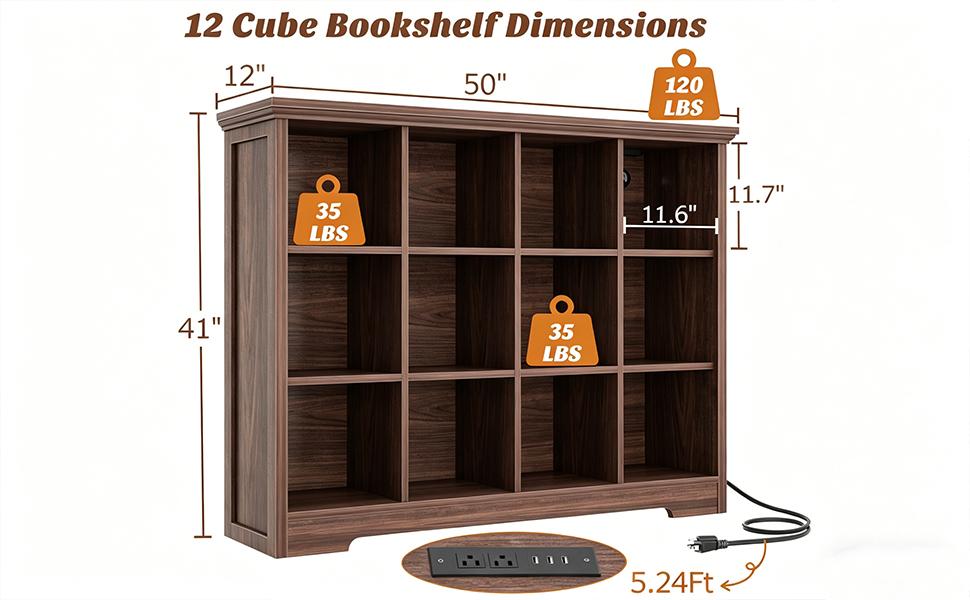 Wooden 12-Cube Storage Organizer with Power Outlets, Modern Cube Bookcase with Base, 4-Tier Floor Standing Open Cubbies Bookshelf for Home and Office