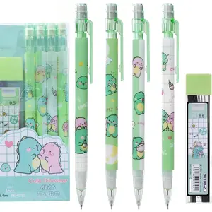 4 count Cute Cartoon Dinosaur Mechanical Pencils Set with Tubes 0.5 mm Pencil Refills  to School  for Teens Student (Green)