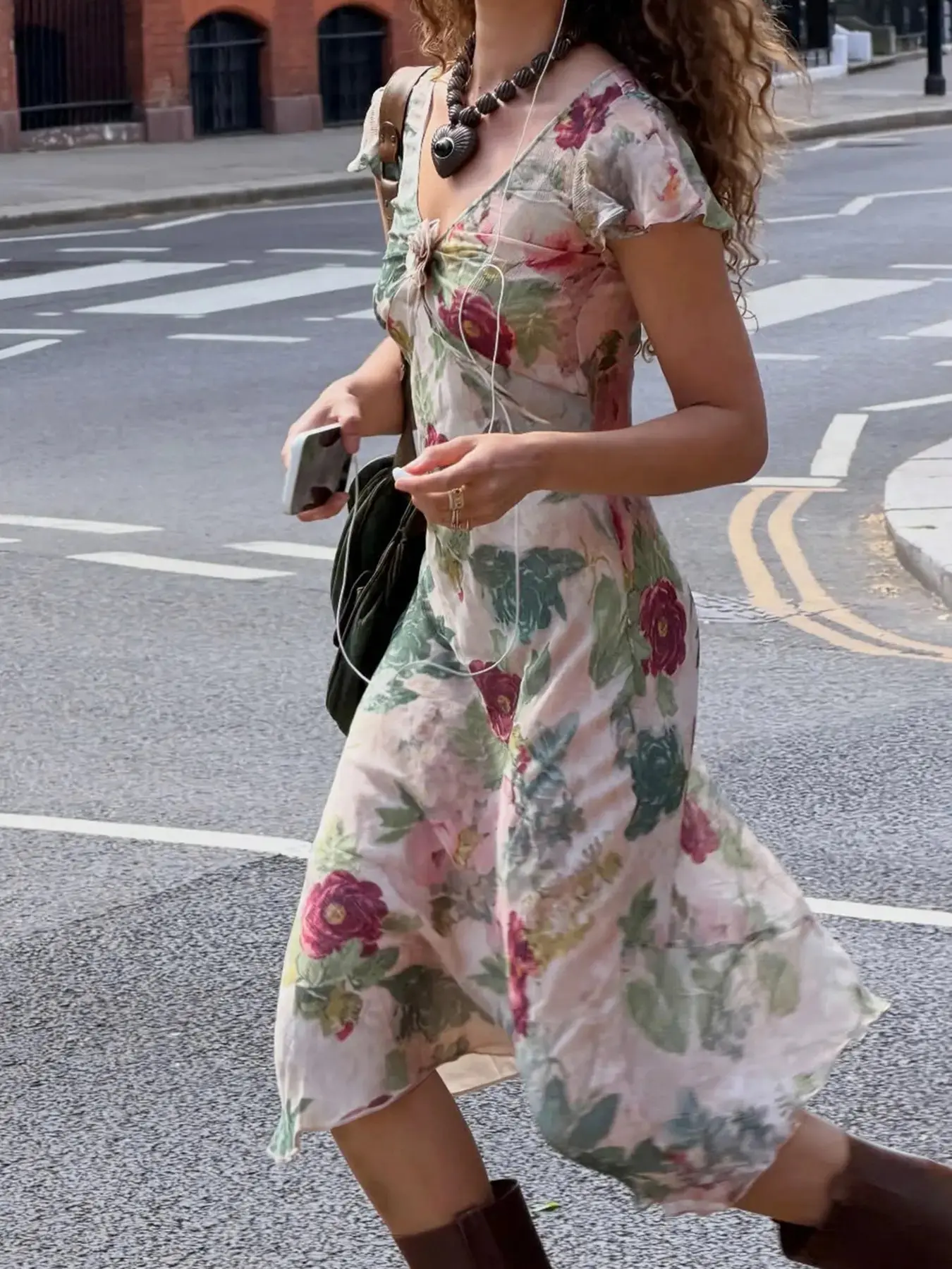 Vintage Floral Mesh Holiday Aesthetic Casual Bohemian Boho Dress, V-Neck 3D Flower Ruffle Sleeves, Slim-Fit Long Dress, Summer Floral Print, Women's Midi Dress