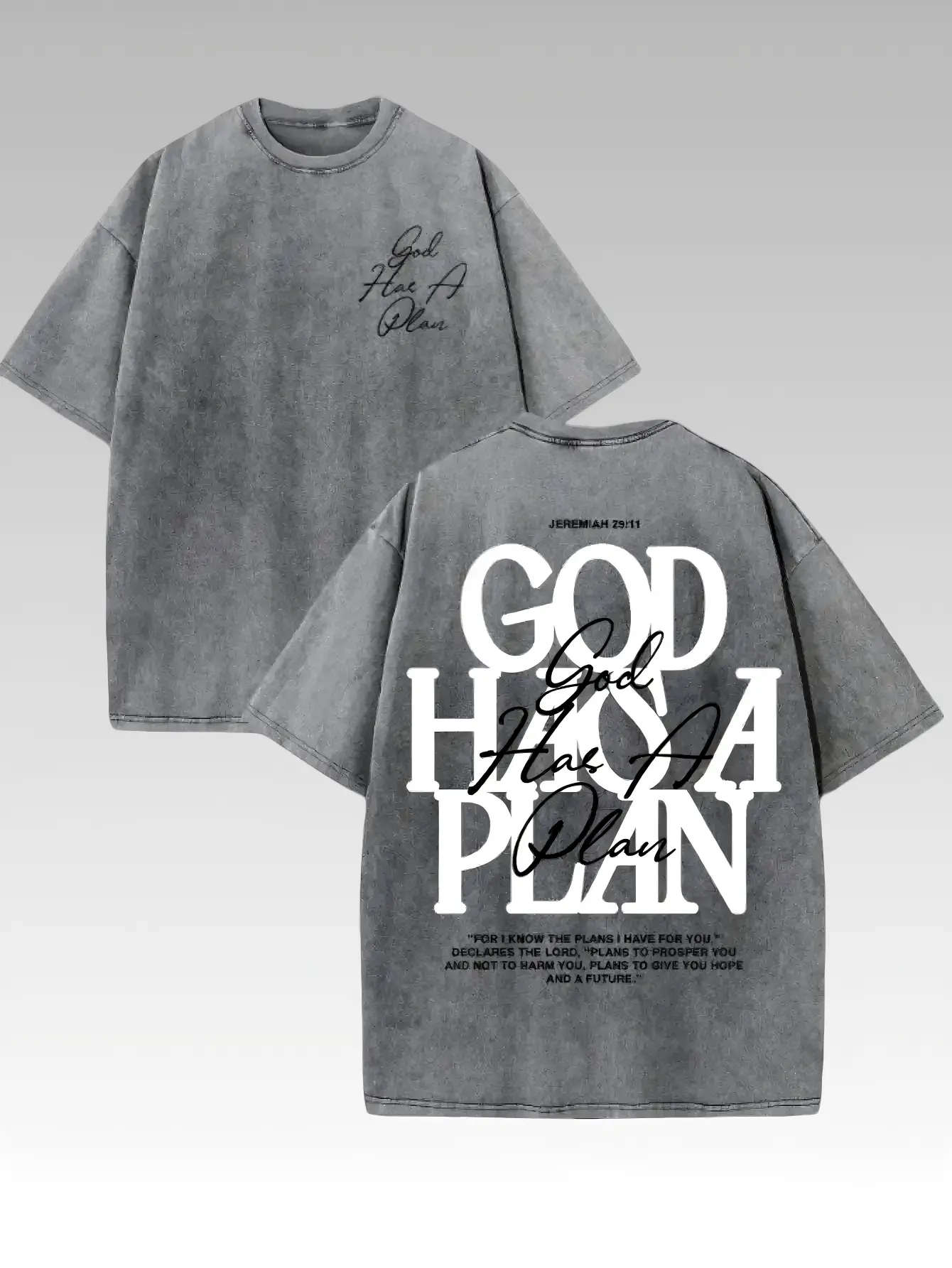 Retro Washed Double Sided Printed T-Shirt, 'GOD HAS A PLAN' Letter Graphic Tee, 230g Pure Cotton, Slightly Cropped, Crewneck, Distressed Streetwear, Men's Casual Comfortable Fashion Tops Smooth Fabric Seamless Soft Tshirt graphic tee t shirt   tshirt men