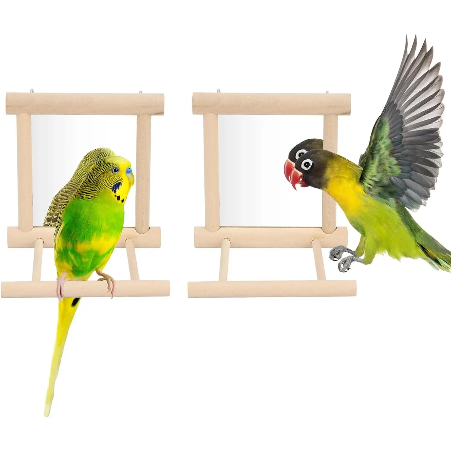 Wood Color Bird Mirror Interactive Toy - Set of 2, Suitable for Budgies, Lovebirds, Cockatiels, Set Of Two