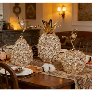Three golden crystal fruit decorations - handcrafted apple, pear and pineapple statues, suitable for desktop decoration, festival celebrations, gifts, mirrors, treasures, necklaces, rings, birthday storage boxes, weddings, storage, birthday gifts