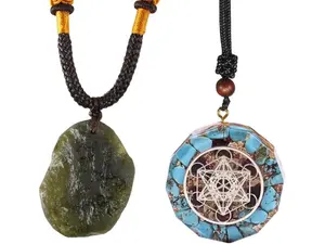 Moldavite Czech Meteorite Glass Raw Rough Stone Necklace and Orgone Merkaba Metatron Cube Pendant Necklace(Set of 2)