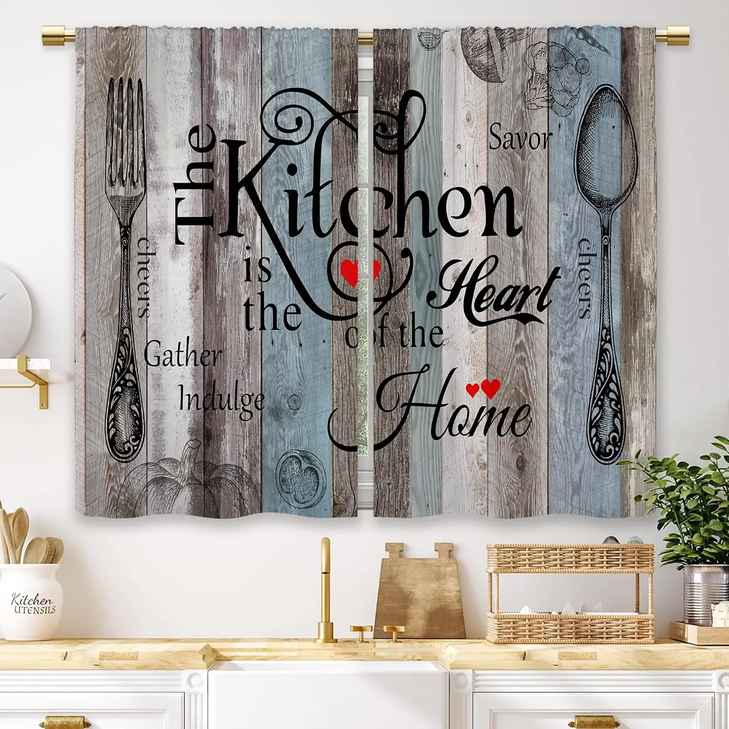 2-Panel Teal Blue Baby Blue Farmhouse Rustic Kitchen Curtains, Wooden Small Short Cafe Drapes, Vintage Fork-Spoon Retro Window Treatment (27.5x39 in) for Living Room, Baby Blue Curtains