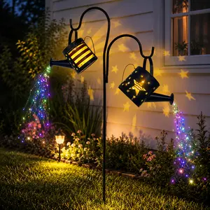 Solar Watering Can Lights Set of 2 for Outdoor Garden Yard Decor Metal Lanterns with Adjustable Hook IP65 Waterproof LED Flower Lighting Gift Idea