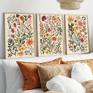 3 Pieces Optional Wooden Frame Colorful Wildflower Print Bohemian Style Floral Wall Art Botanical Garden Wall Poster Living Room Decor Canvas Painting Art Fade-Resistant Ink Print Painting Living Room Sofa Background Mural
