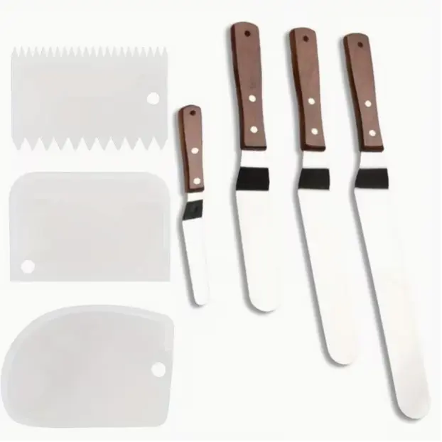4 Packs Stainless Steel Cake Icing Spatula Set, 3 Packs Cake Smoother Scraper Set, Wooden Handle, Offset Spatula, for Cake Decorating, Baking accessory