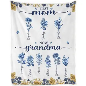 GABITA Personalized Mother's Day Blanket Gifts for Mom Grandma from Daughter Son, First Mom Now Grandma - Custom Nickname and Kids Name Birth Month Flower Printed Blanket
