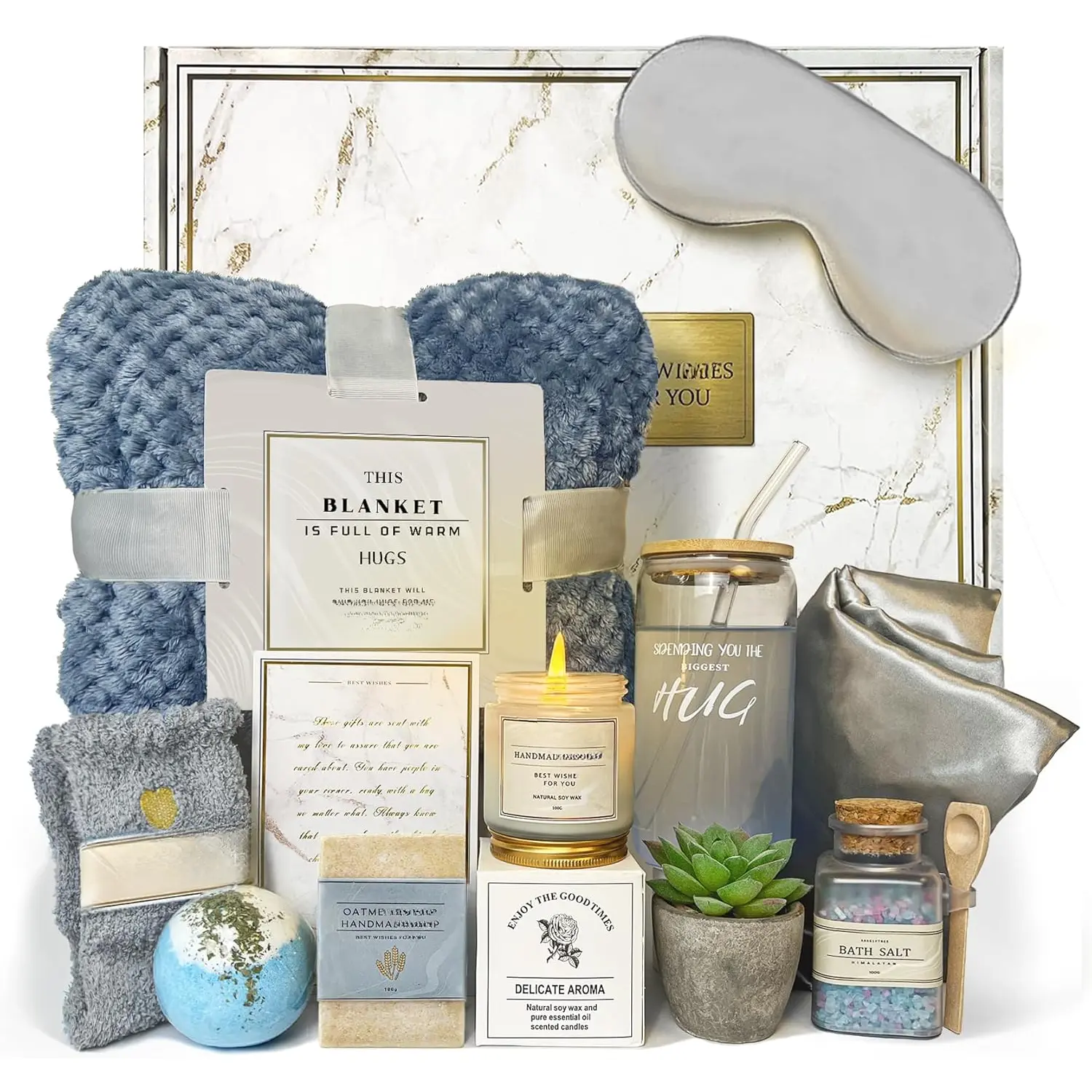 Women's Navy Blue Get Well Care Package - 12PC Gift Basket with Boxes, Succulent, Cup, Eye Set, Bath Salt, Synthetic Wrinkle-Resistant Items for Sympathy, Grief Occasions (Get Well Kit)
