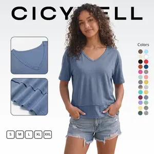 Cicy Bell Women's Summer Flattering V Neck T Shirts, Loose Oversized Short Sleeve Flowy Basic Tops Premium Blend Soft Fabric Hide Belly Casual Daily OOTD Tees for Beach Vacation Everyday Outfit